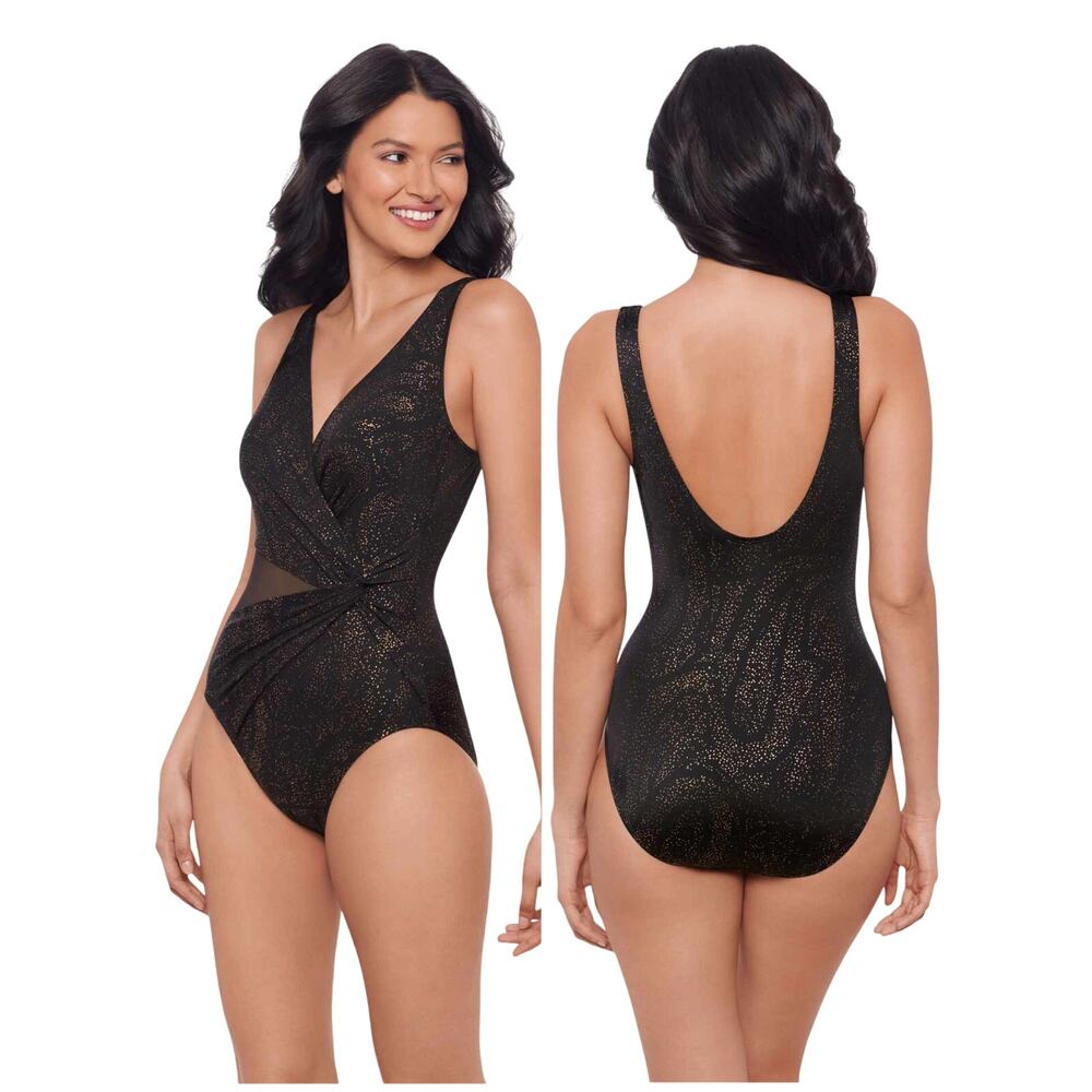 Miraclesuit NWT Circe One Piece Swimsuit Brillante Black Gold Size 6 Mesh Panels